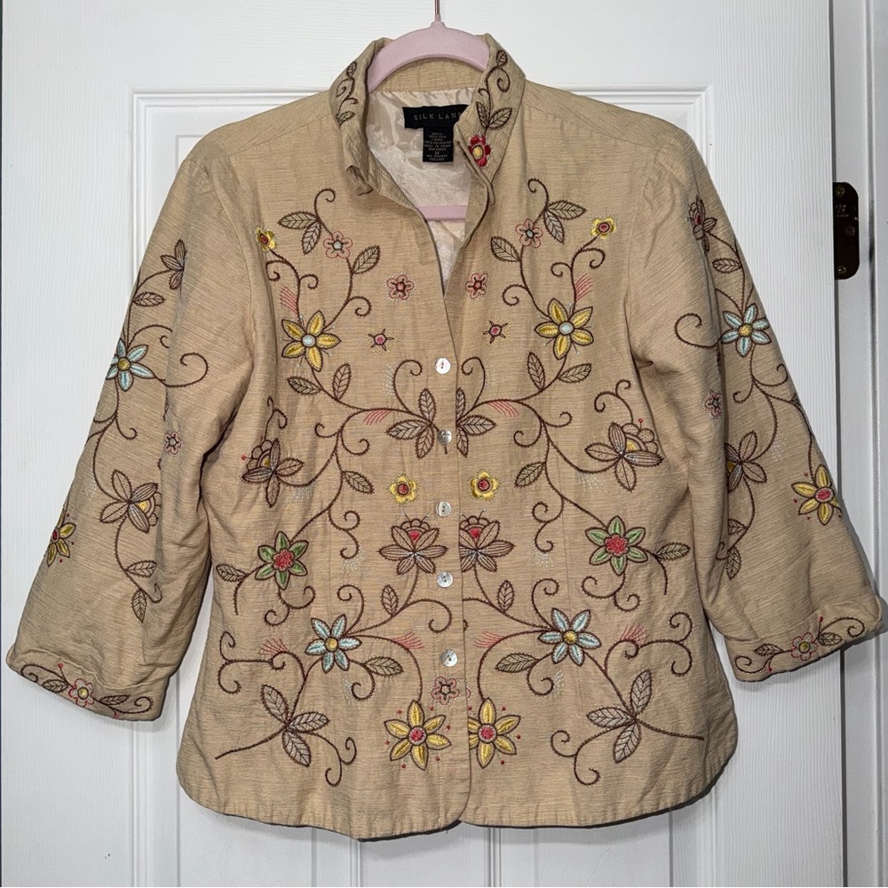 Silk Land 100% Silk Embroidered Button-Up